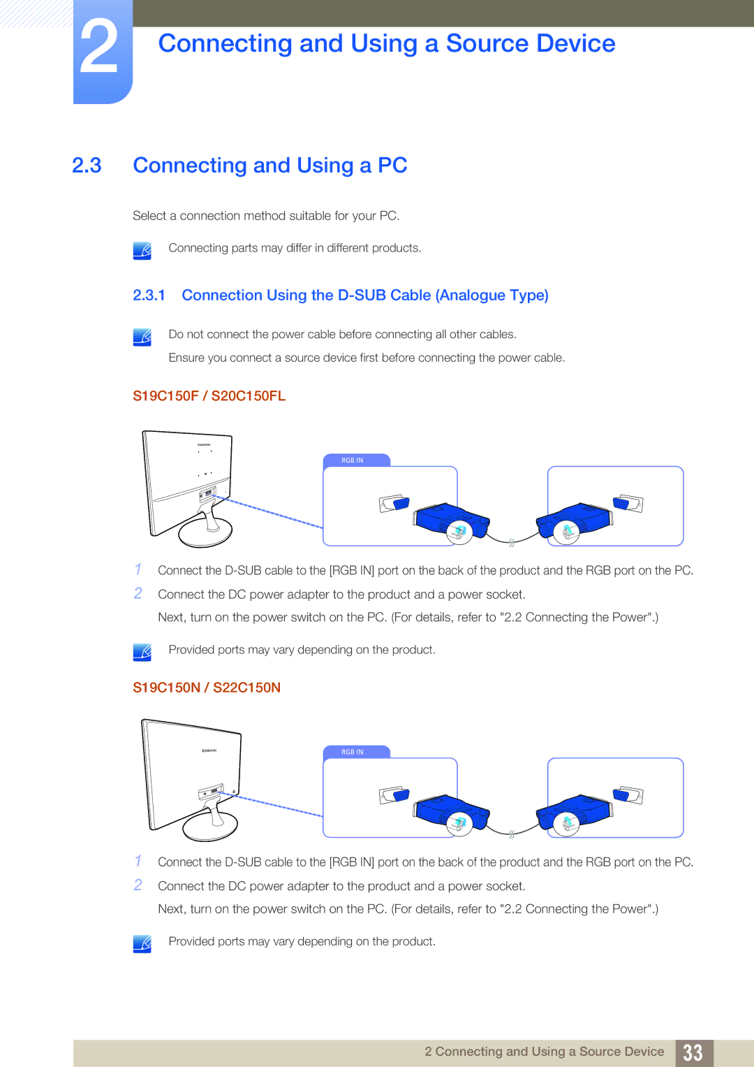 Samsung S22C150N, S22B150N user manual Connecting and Using a PC, Connection Using the D-SUB Cable Analogue Type 