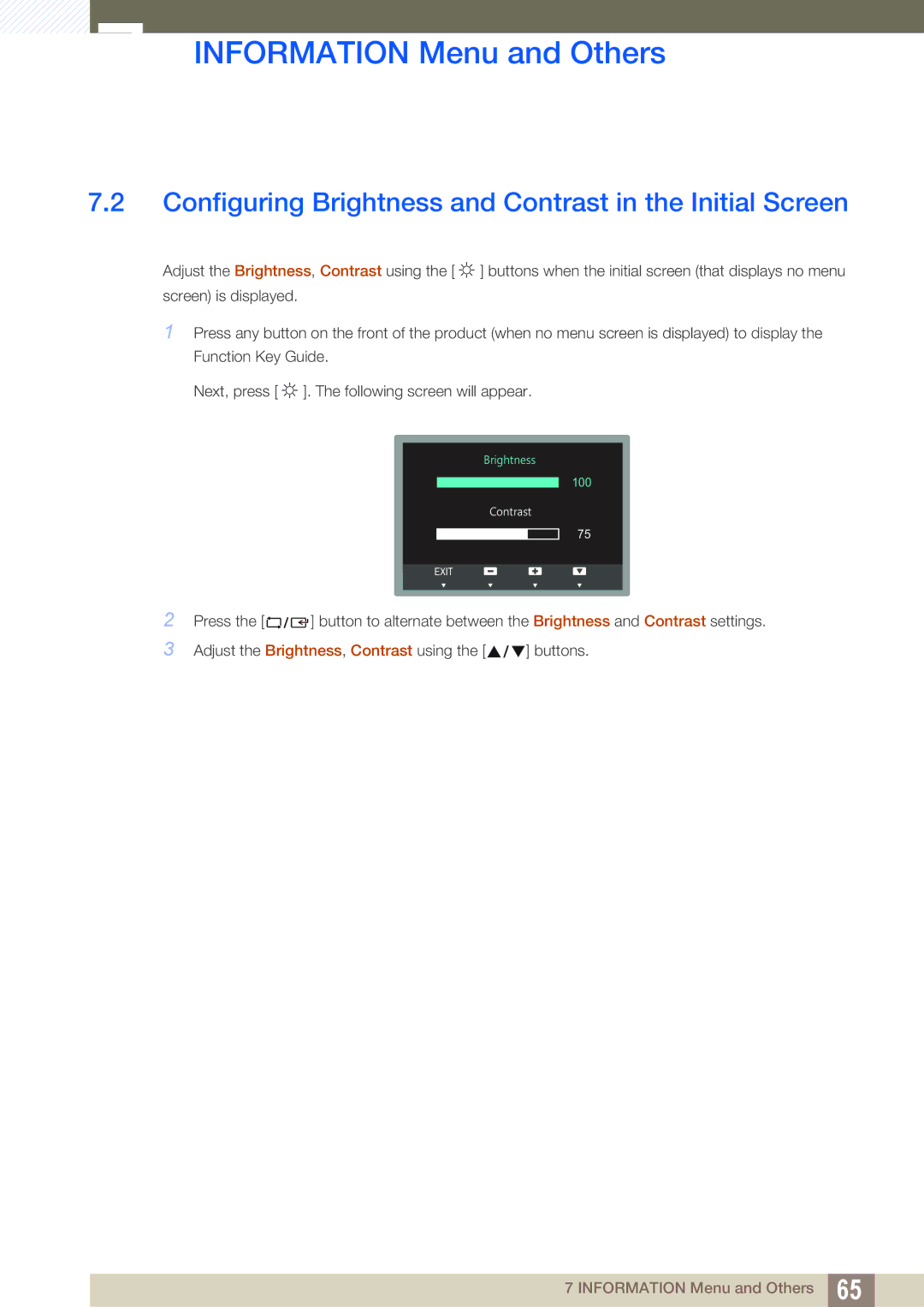 Samsung S22C150N, S22B150N user manual Configuring Brightness and Contrast in the Initial Screen 