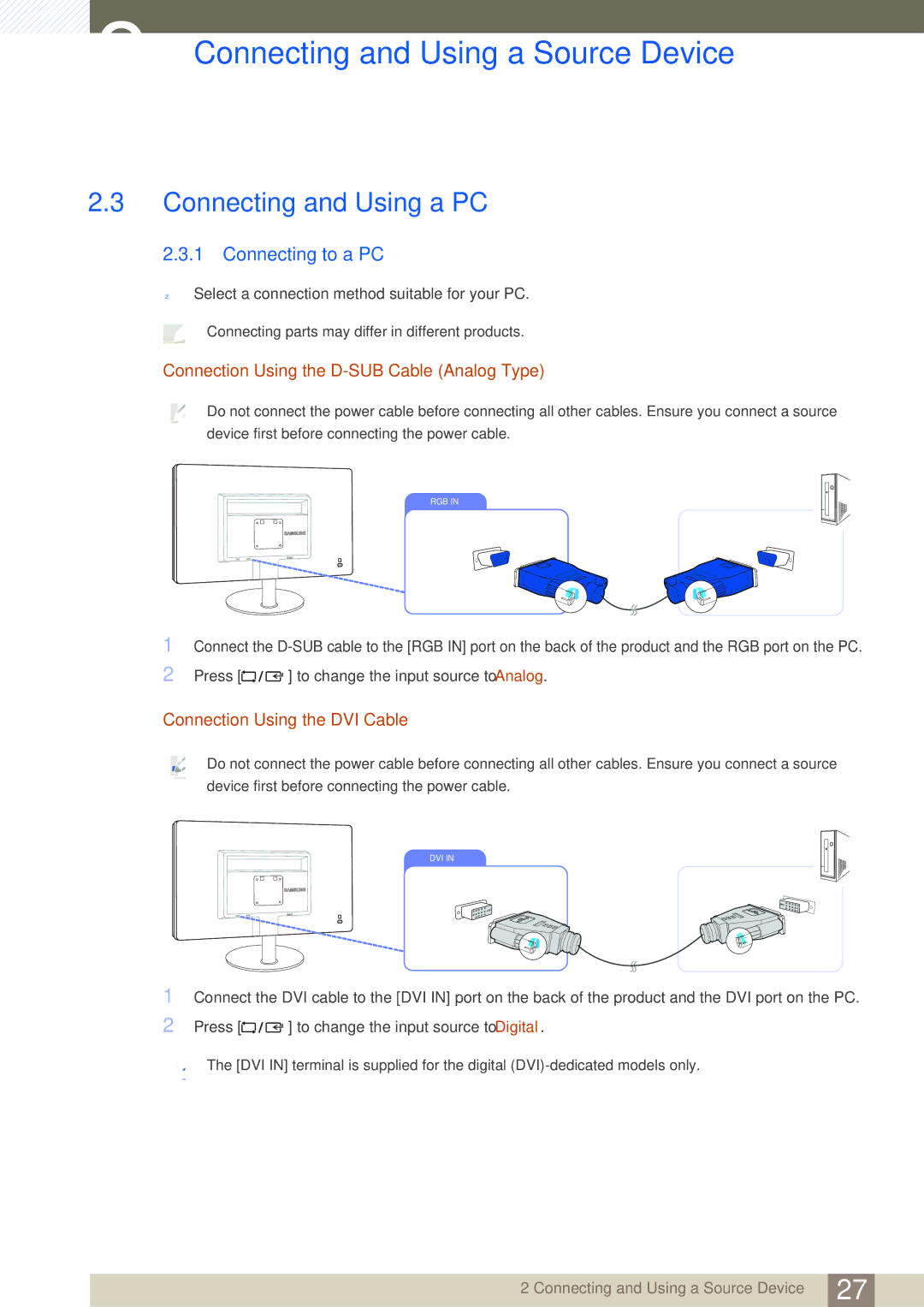 Samsung S22B220BW, S19B220B, S19B220NW user manual Connecting and Using a PC, Connecting to a PC 