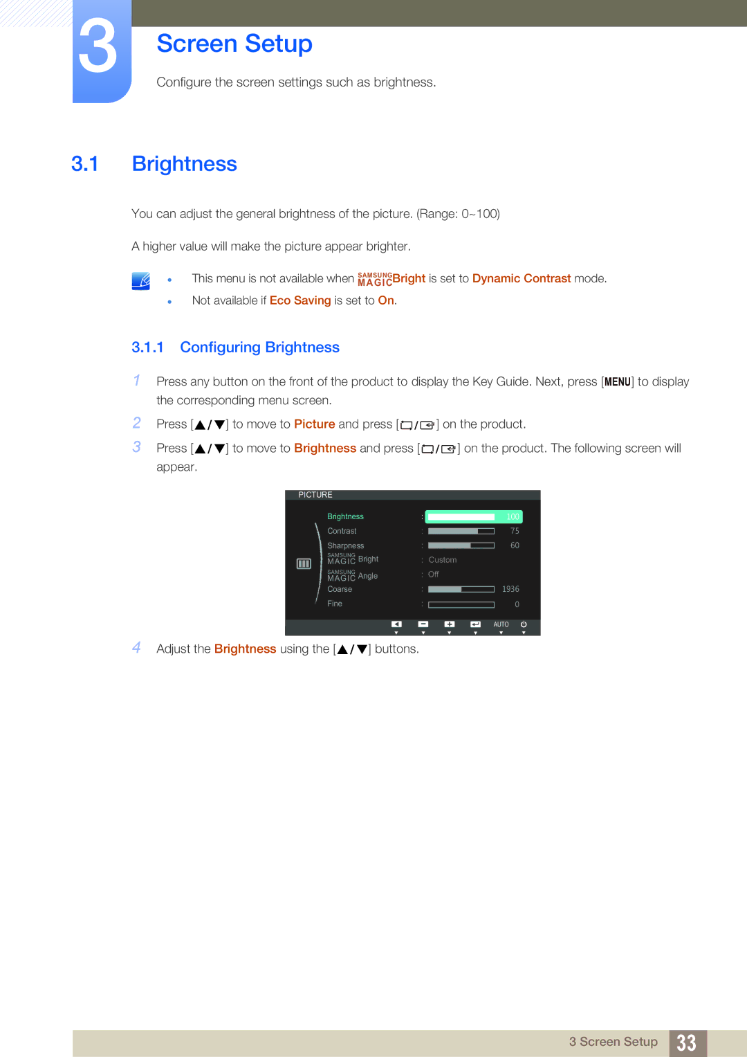 Samsung S22B220BW, S19B220B, S19B220NW user manual Screen Setup, Configuring Brightness 