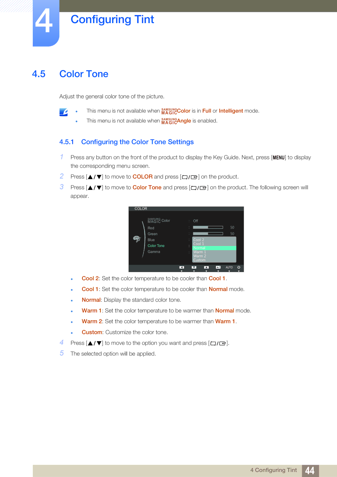 Samsung S19B220NW, S22B220BW, S19B220B user manual Configuring the Color Tone Settings 