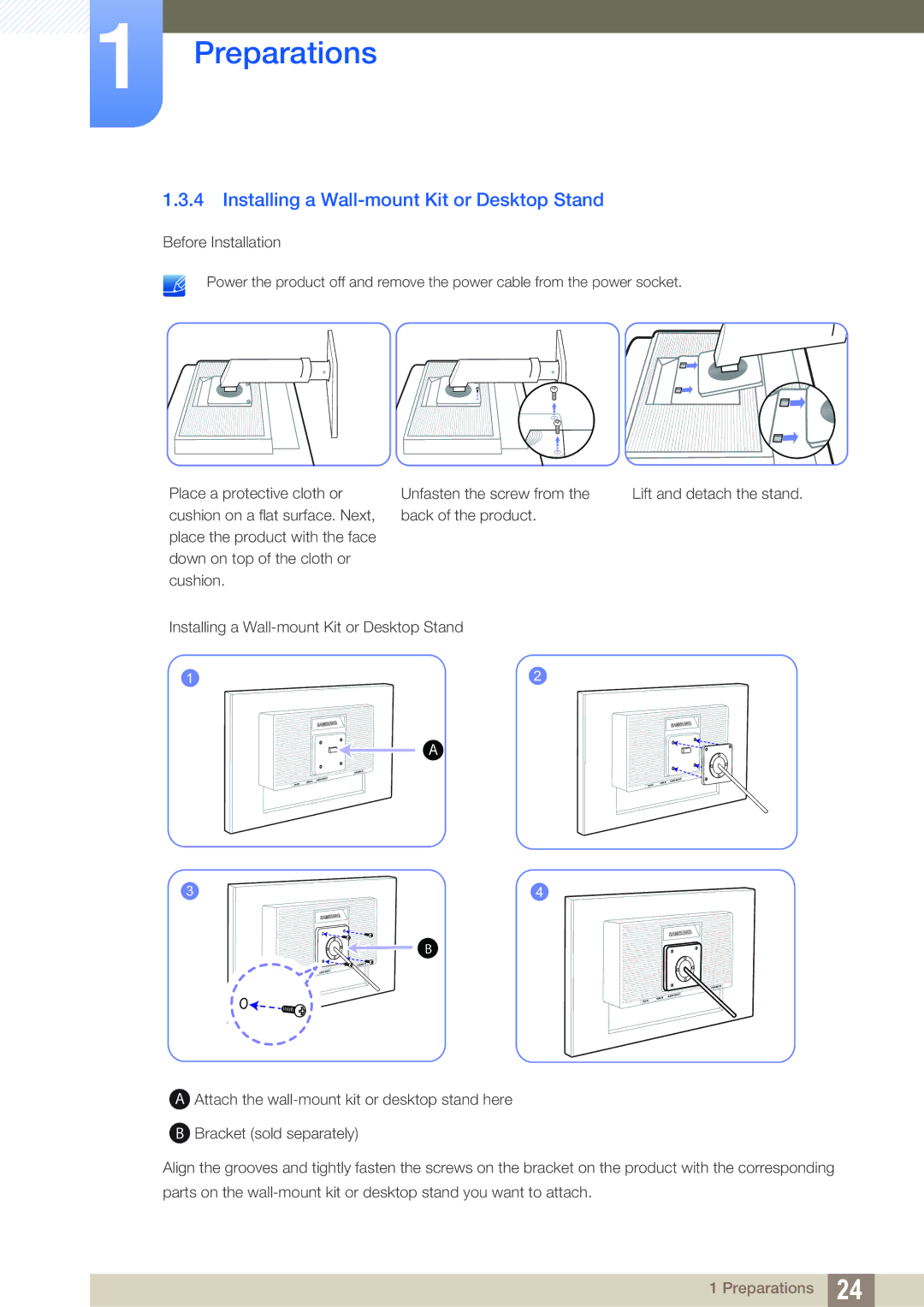 Samsung S24C450BW, S22C450B, S19C450BW, S19C450BR, S20C450B, S19C450MW, S19C450MR Installing a Wall-mount Kit or Desktop Stand 