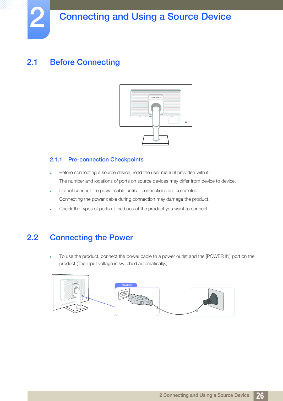 Samsung S24C450BL, S22C450B, S19C450BW Connecting and Using a Source Device, Before Connecting, Connecting the Power 