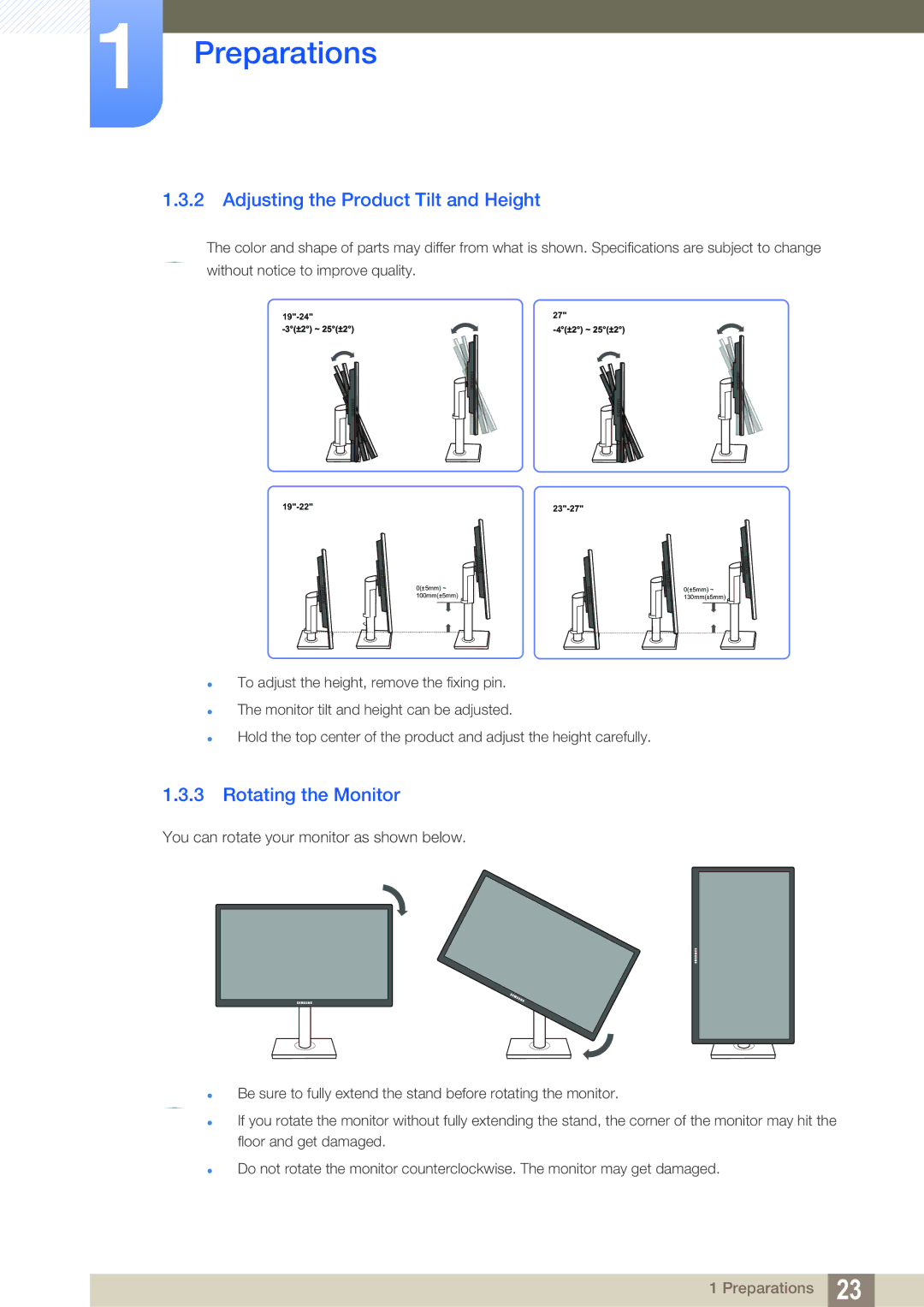 Samsung S22C450B user manual Adjusting the Product Tilt and Height, Rotating the Monitor 