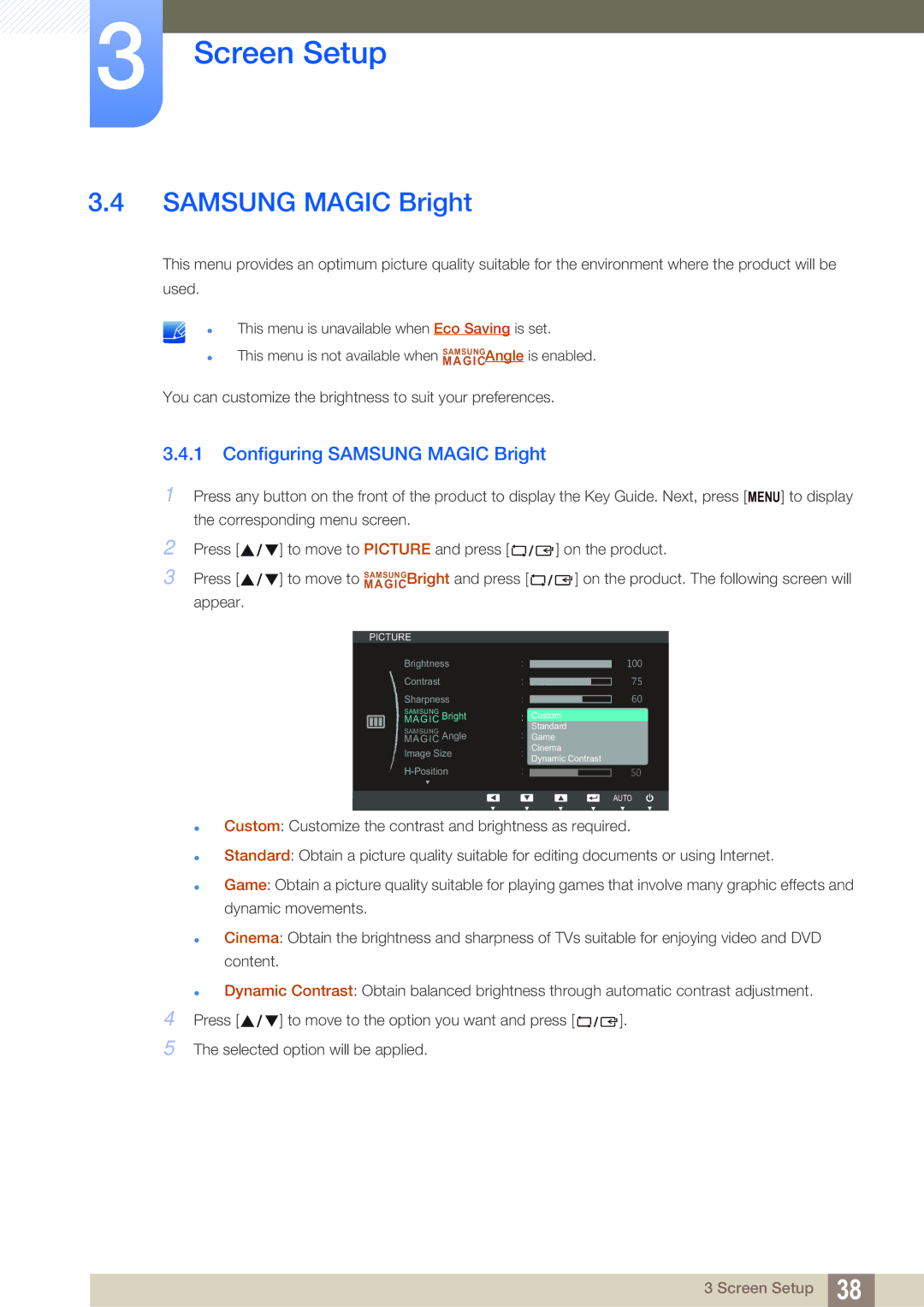 Samsung S22C450B user manual Configuring Samsung Magic Bright 