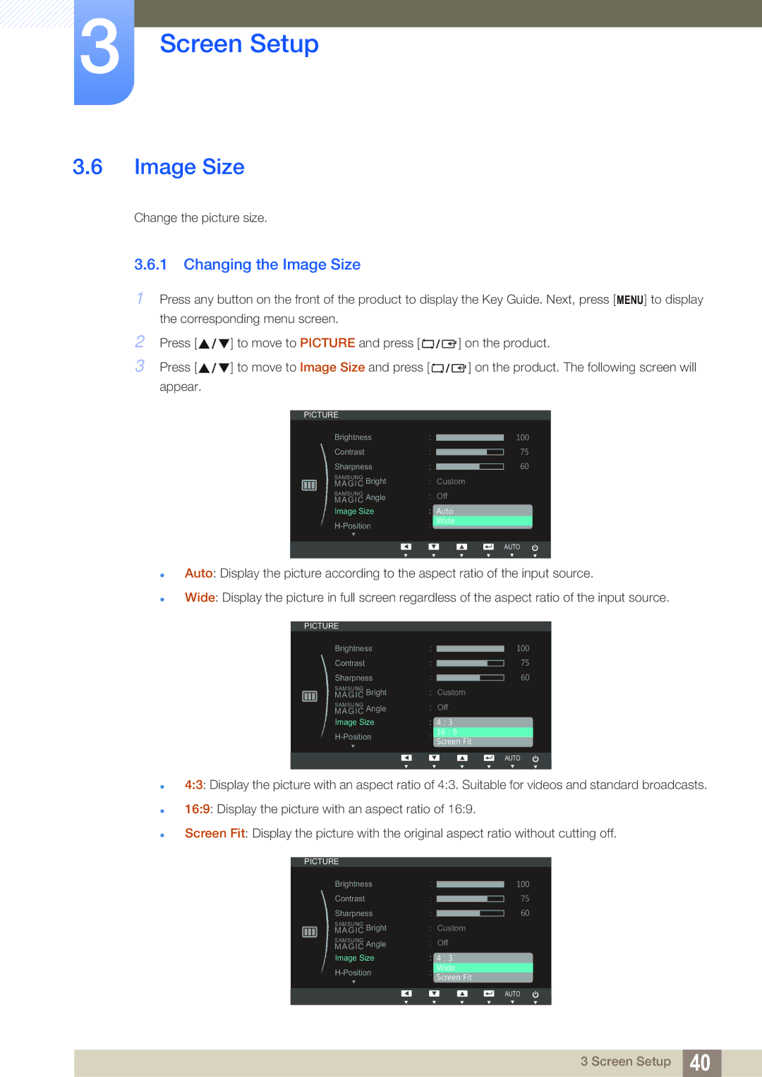 Samsung S22C450B user manual Changing the Image Size 