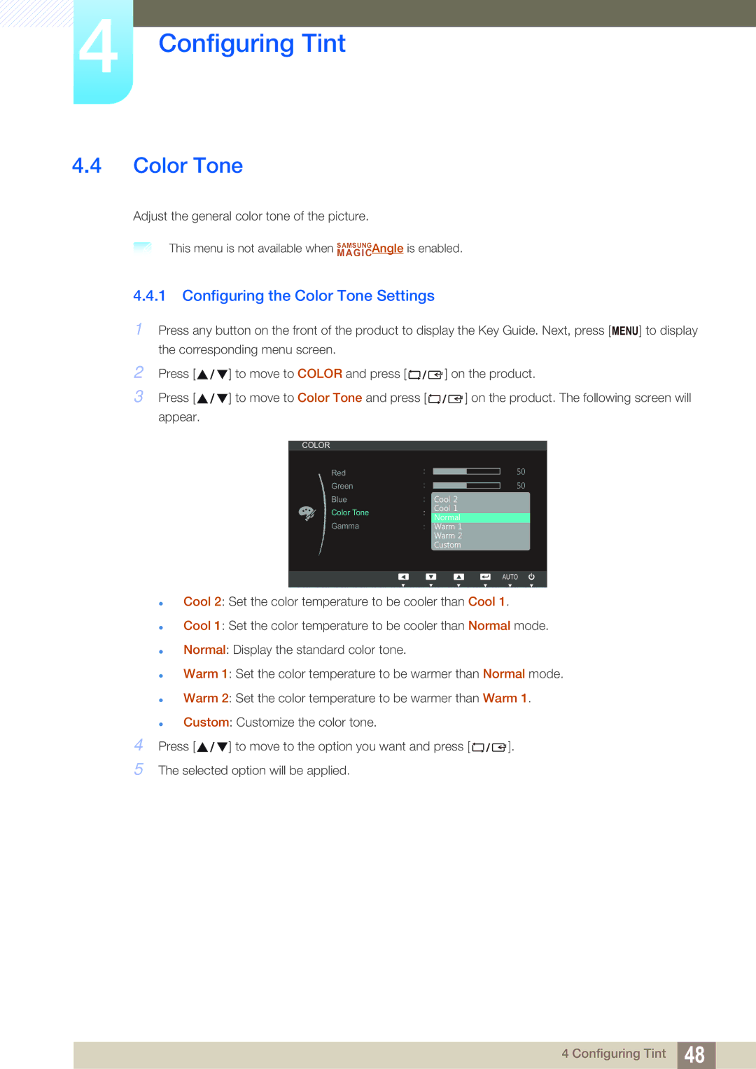 Samsung S22C450B user manual Configuring the Color Tone Settings 