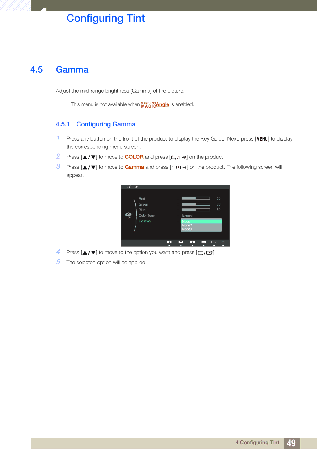 Samsung S22C450B user manual Configuring Gamma 