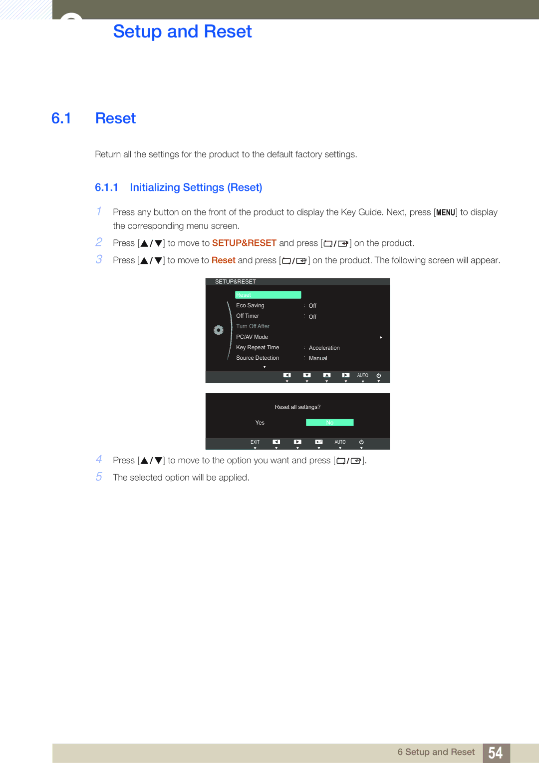 Samsung S22C450B user manual Setup and Reset, Initializing Settings Reset 