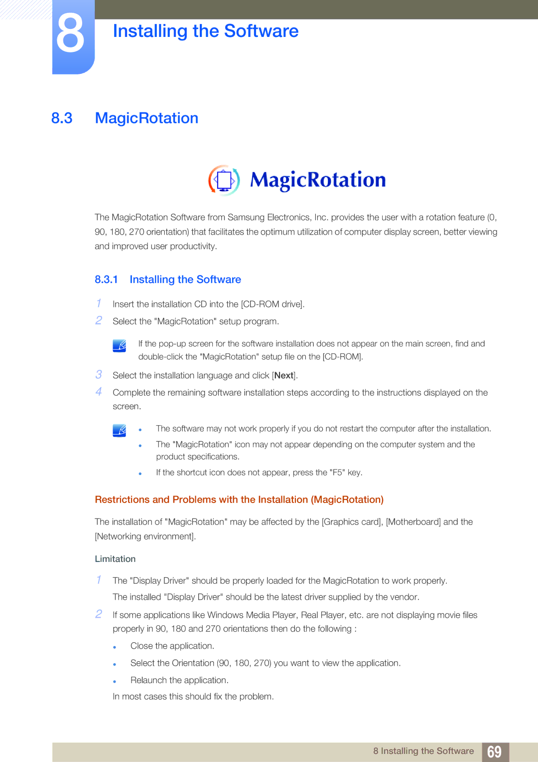 Samsung S22C450B user manual MagicRotation, Limitation 