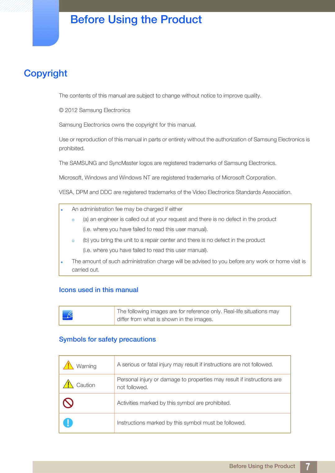 Samsung S22C450B user manual Before Using the Product, Copyright, Icons used in this manual, Symbols for safety precautions 