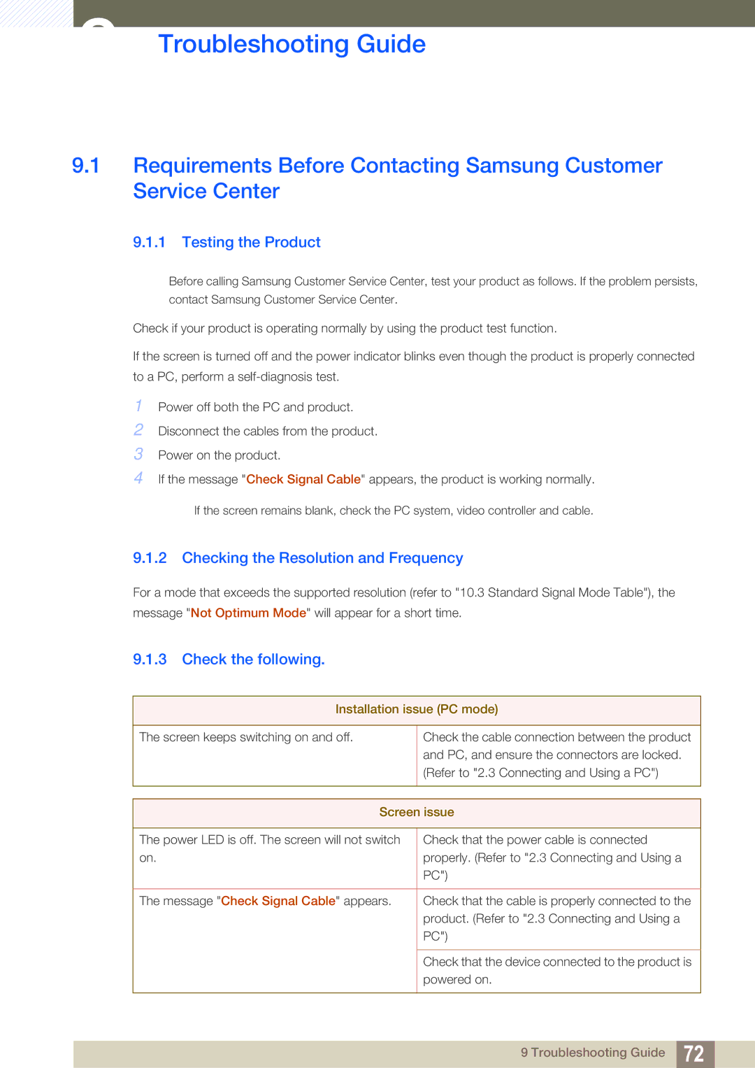 Samsung S22C450B Troubleshooting Guide, Testing the Product, Checking the Resolution and Frequency, Check the following 