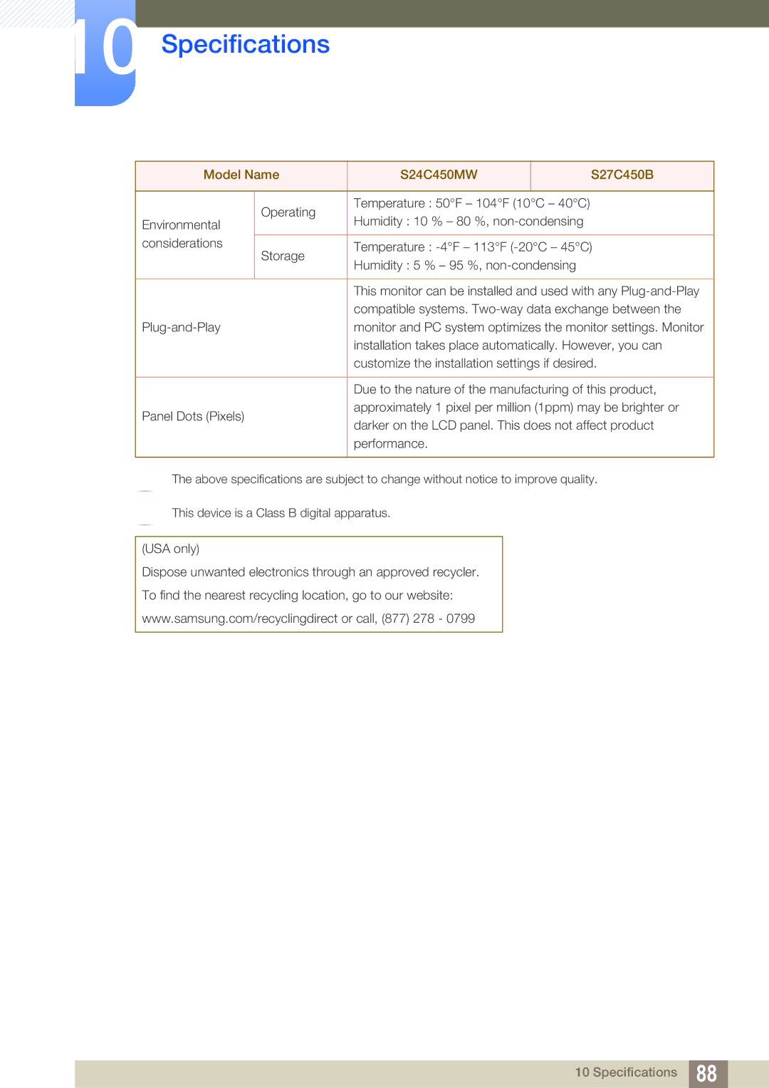 Samsung S22C450B user manual Specifications 