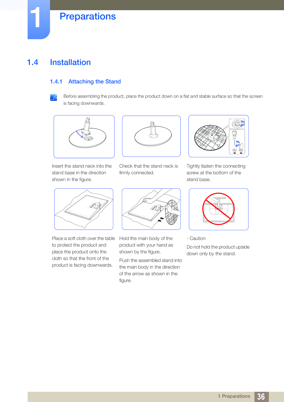 Samsung S23C340H, S23C350B, S27C350H, S24C340HL, S23C350H, S24C350HL, S24C350BL, S22C350B Installation, Attaching the Stand 