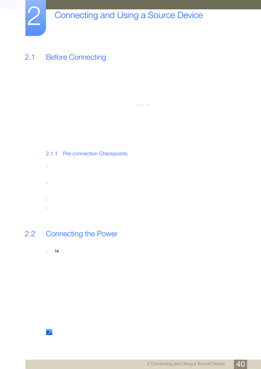 Samsung S24C350H Connecting and Using a Source Device, Before Connecting, Connecting the Power, Pre-connection Checkpoints 