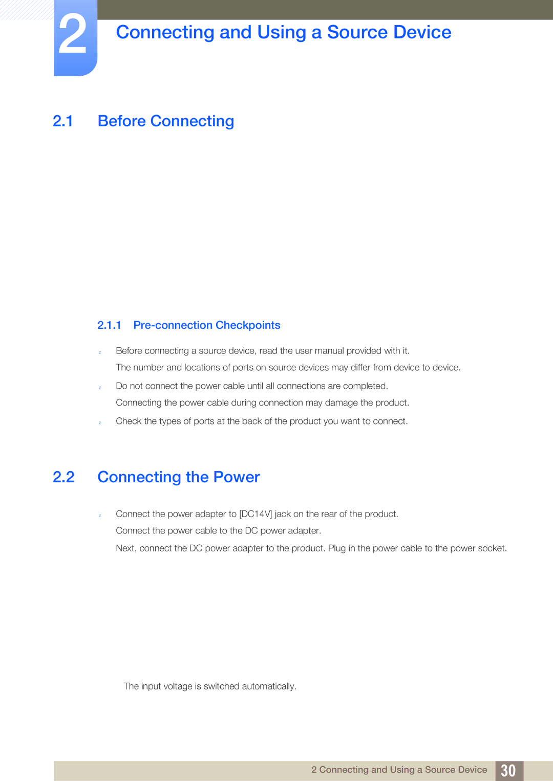 Samsung S23C570H Connecting and Using a Source Device, Before Connecting, Connecting the Power, Pre-connection Checkpoints 