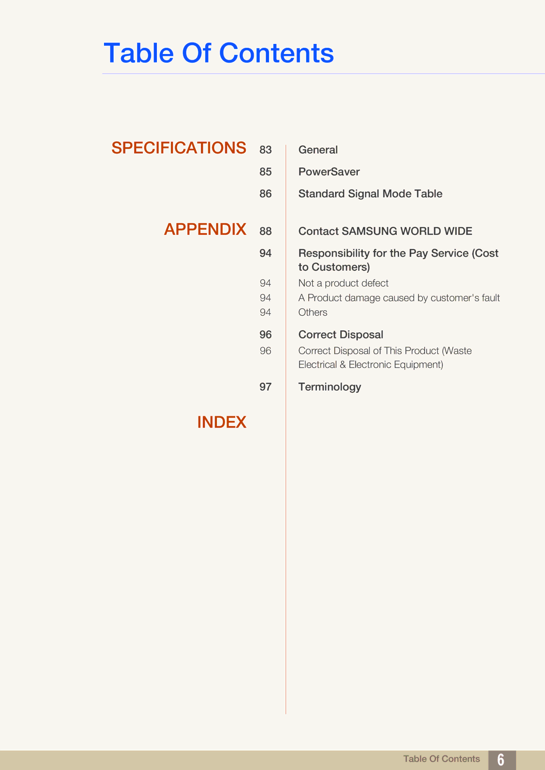 Samsung S23C570H, S27C570H user manual Specifications Appendix Index 