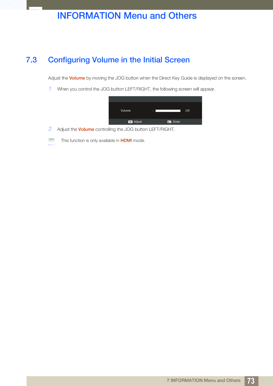 Samsung S27C570H, S23C570H user manual Configuring Volume in the Initial Screen 