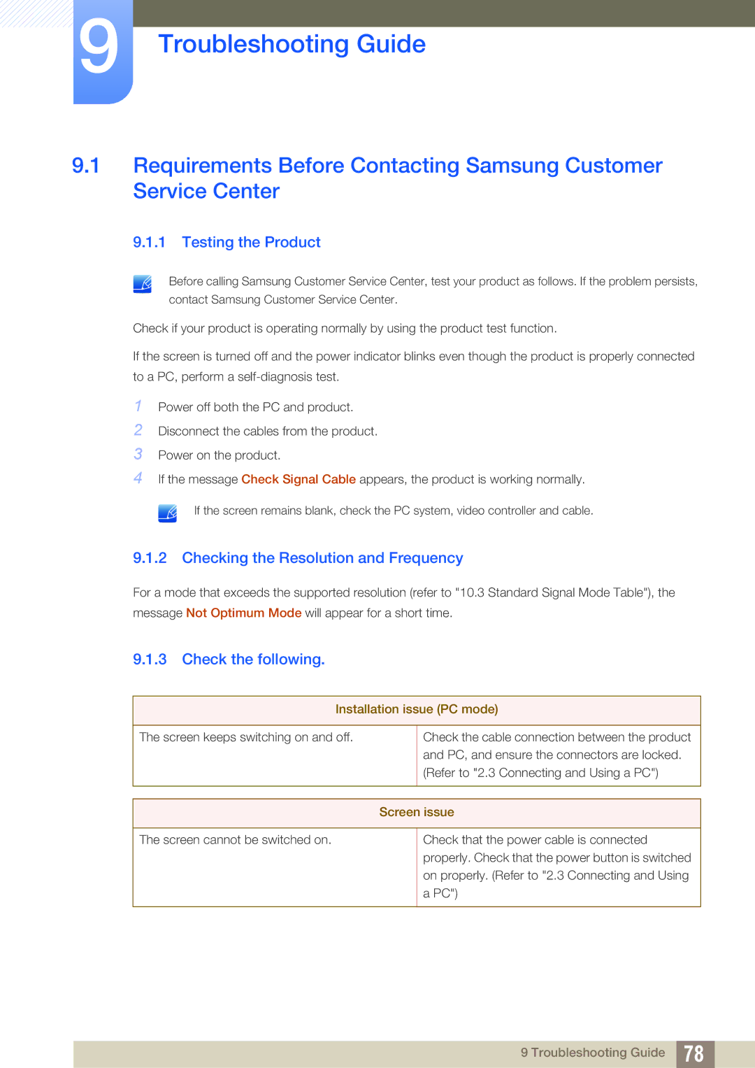 Samsung S23C570H Troubleshooting Guide, Testing the Product, Checking the Resolution and Frequency, Check the following 