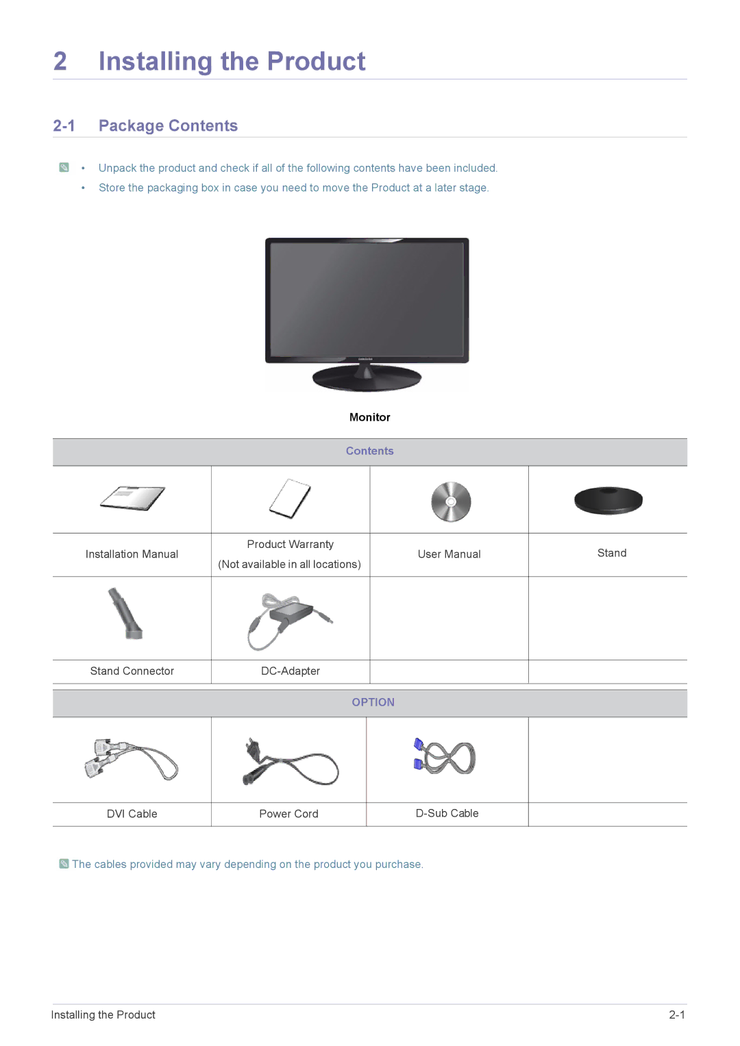 Samsung S20A300N, S24A300BL, S23A300B, S22A300B, S20A300B, S19A300B, S19A300N Installing the Product, Package Contents 