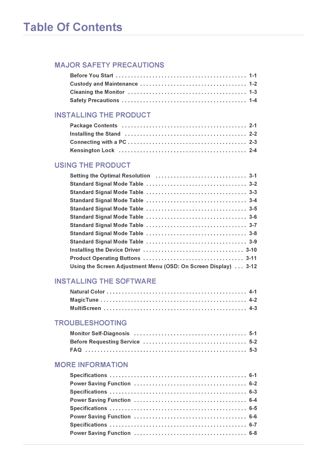 Samsung S23A300B, S24A300BL, S22A300B, S20A300N, S20A300B, S19A300B, S19A300N user manual Table Of Contents 