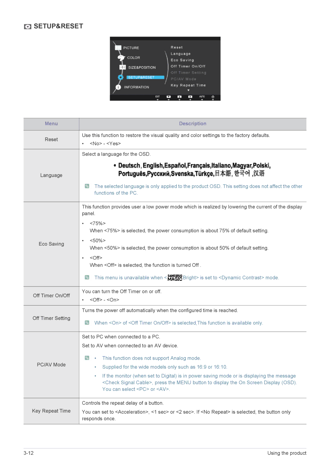 Samsung S19A300N, S24A300BL, S23A300B, S22A300B, S20A300N, S20A300B, S19A300B user manual Setup&Reset 