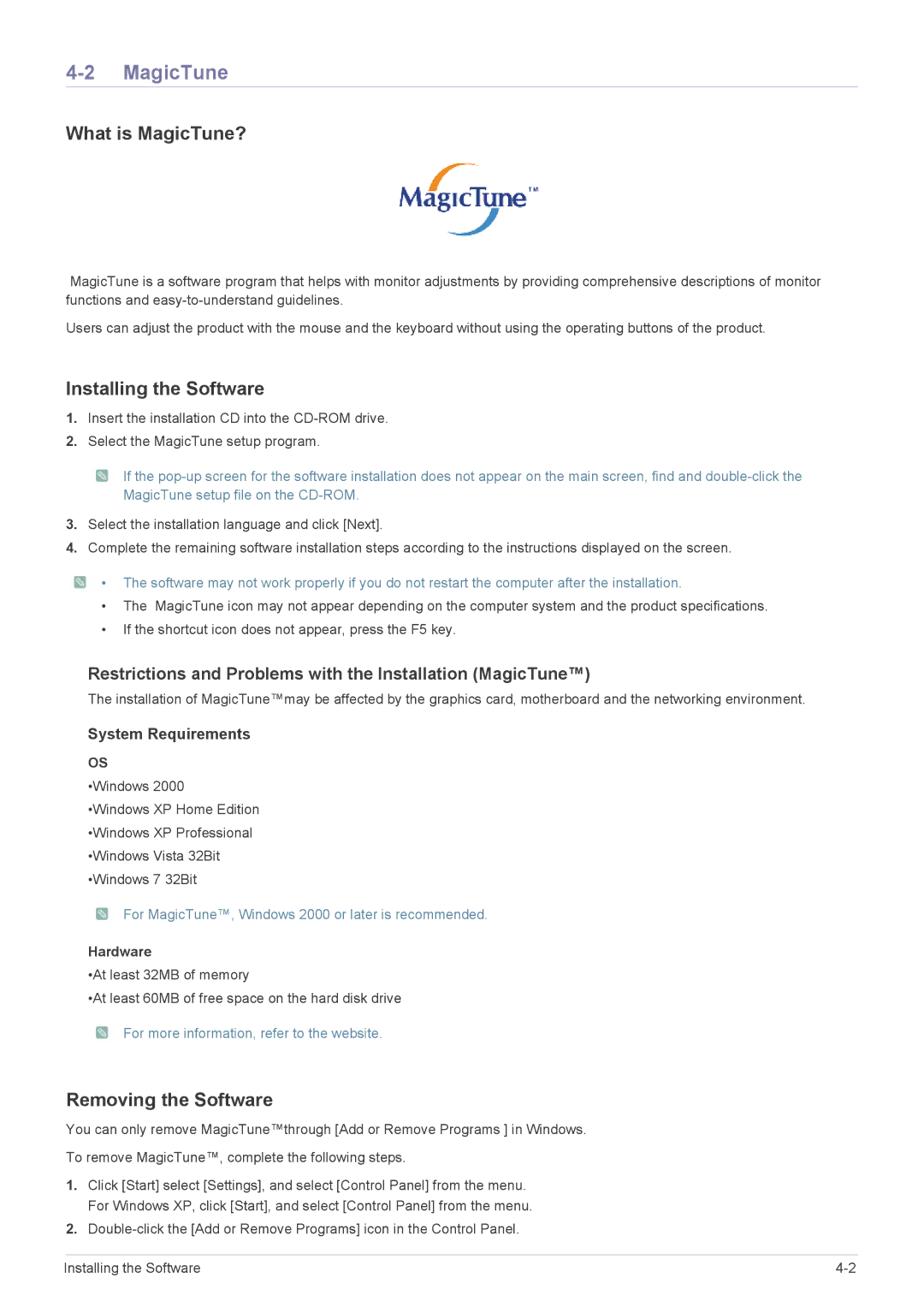 Samsung S23A300B, S24A300BL, S22A300B, S20A300N What is MagicTune?, Installing the Software, Removing the Software 