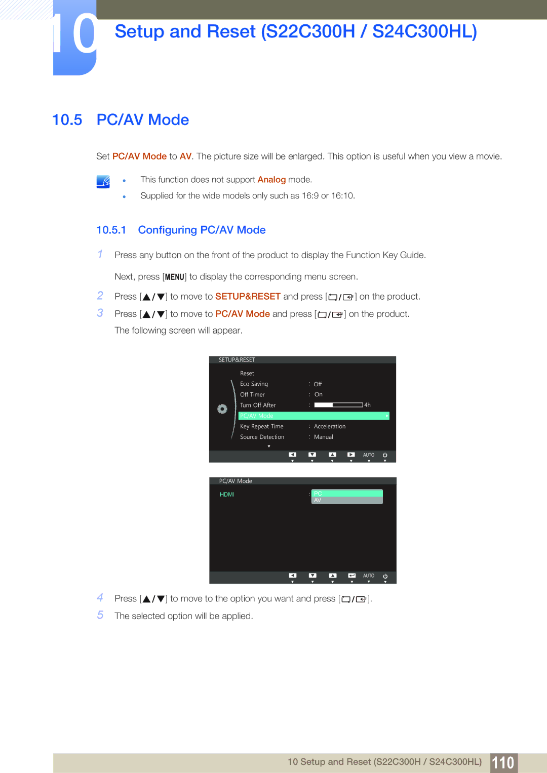 Samsung S24C300HL, S22C300H user manual 10.5 PC/AV Mode, Configuring PC/AV Mode 