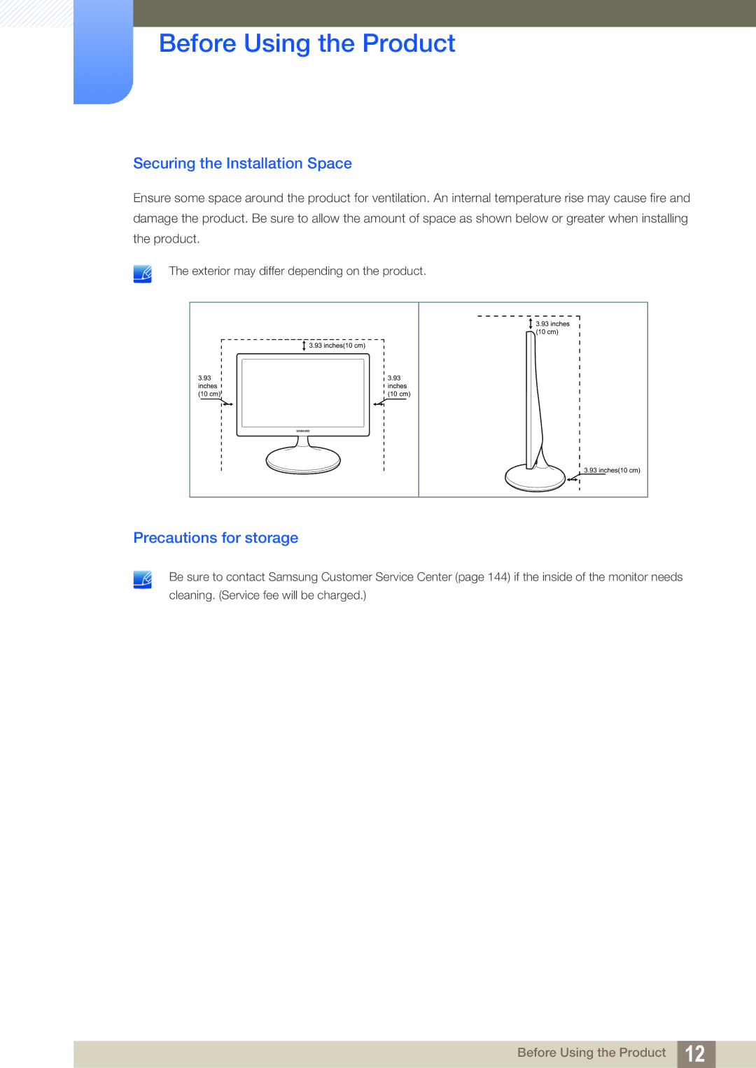 Samsung S24C300HL, S22C300H user manual Securing the Installation Space, Precautions for storage 