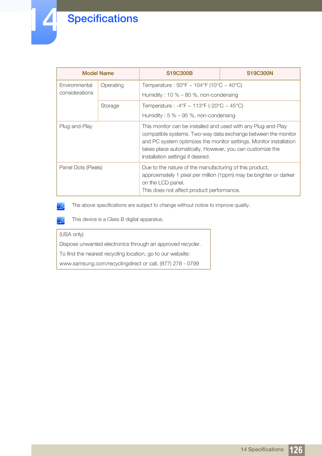 Samsung S24C300HL, S22C300H user manual Specifications 