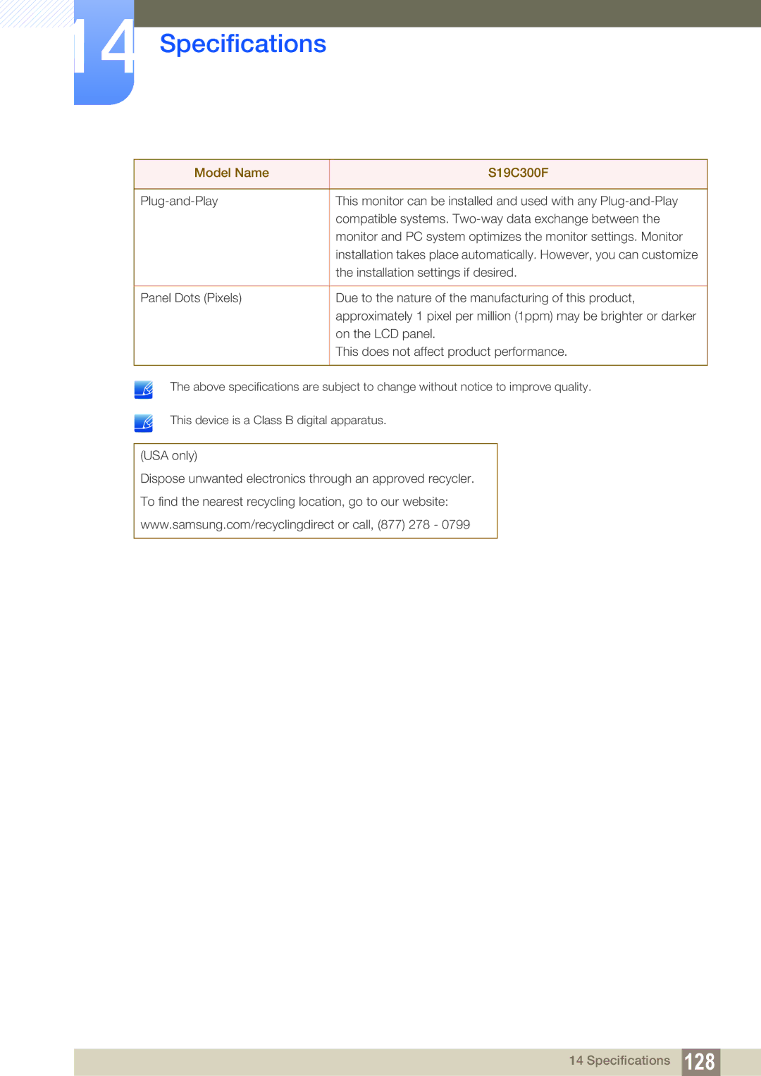 Samsung S24C300HL, S22C300H user manual Specifications 