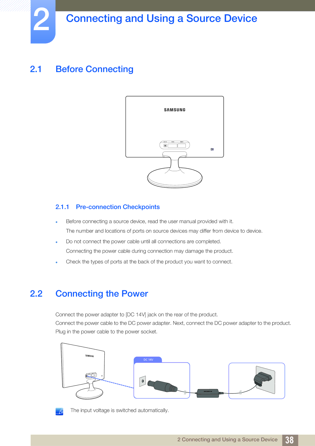 Samsung S24C300HL, S22C300H user manual Connecting and Using a Source Device, Before Connecting, Connecting the Power 