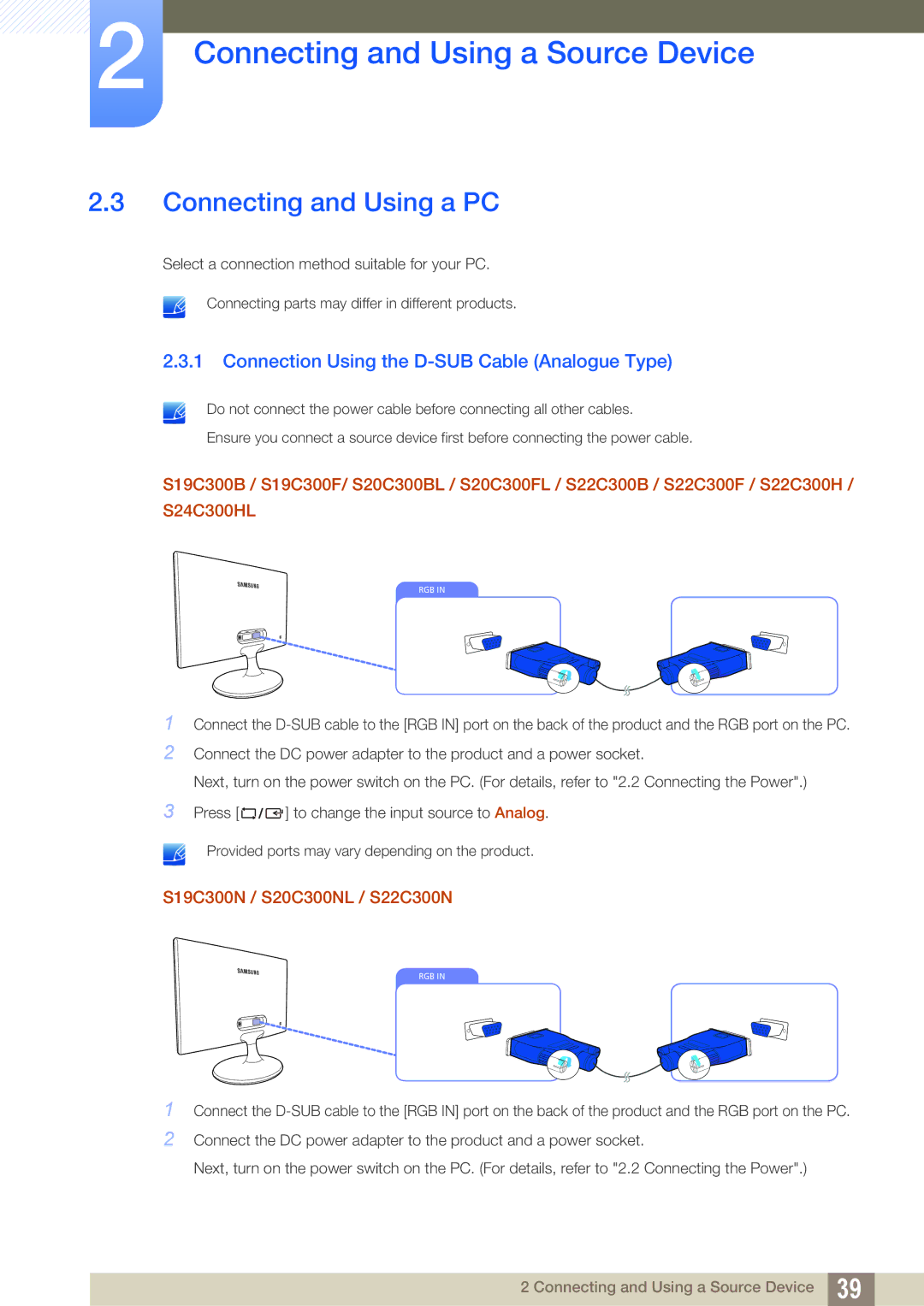 Samsung S22C300H, S24C300HL user manual Connecting and Using a PC, Connection Using the D-SUB Cable Analogue Type 