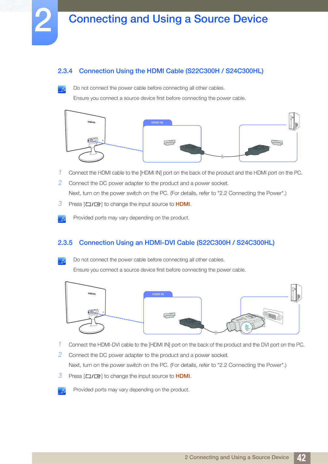 Samsung Connection Using the Hdmi Cable S22C300H / S24C300HL, Connection Using an HDMI-DVI Cable S22C300H / S24C300HL 