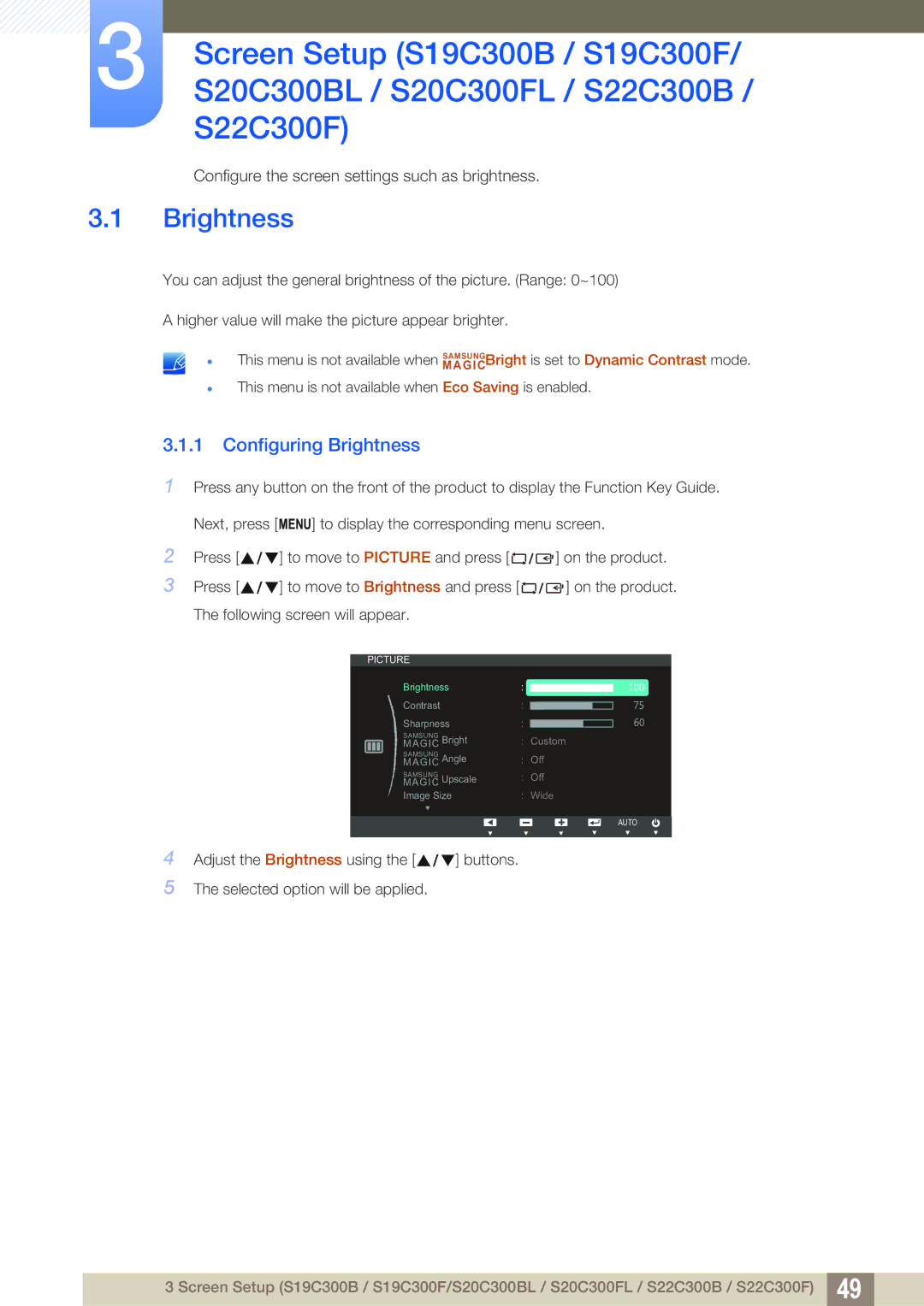 Samsung S22C300H, S24C300HL user manual Configuring Brightness 