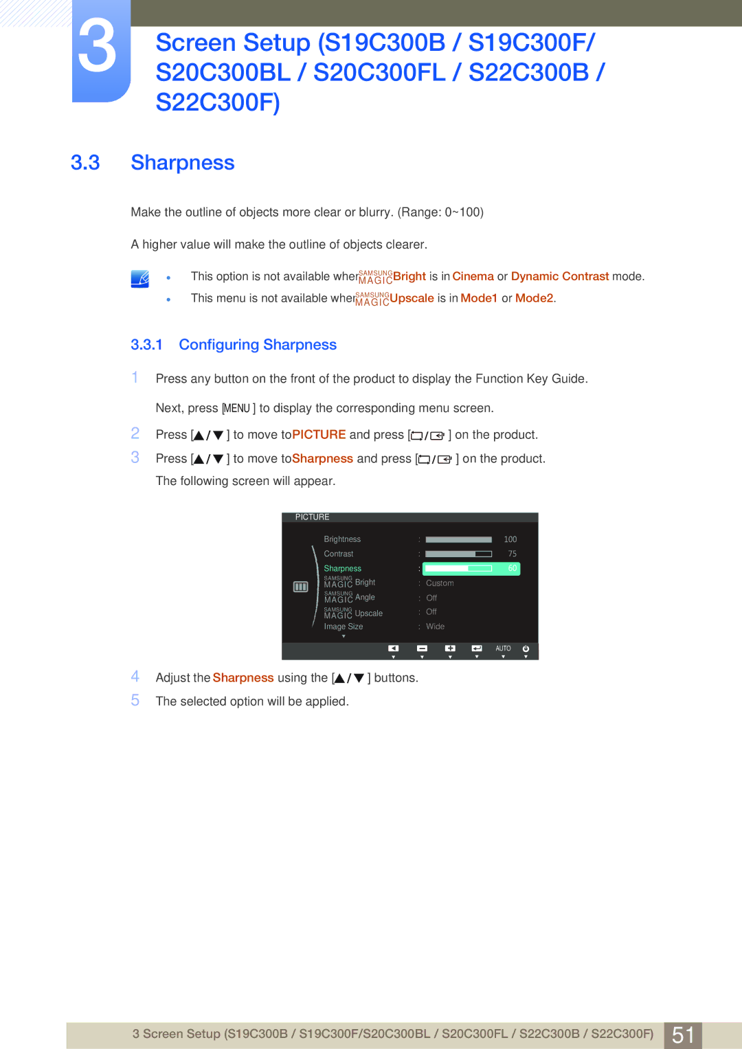 Samsung S22C300H, S24C300HL user manual Configuring Sharpness 