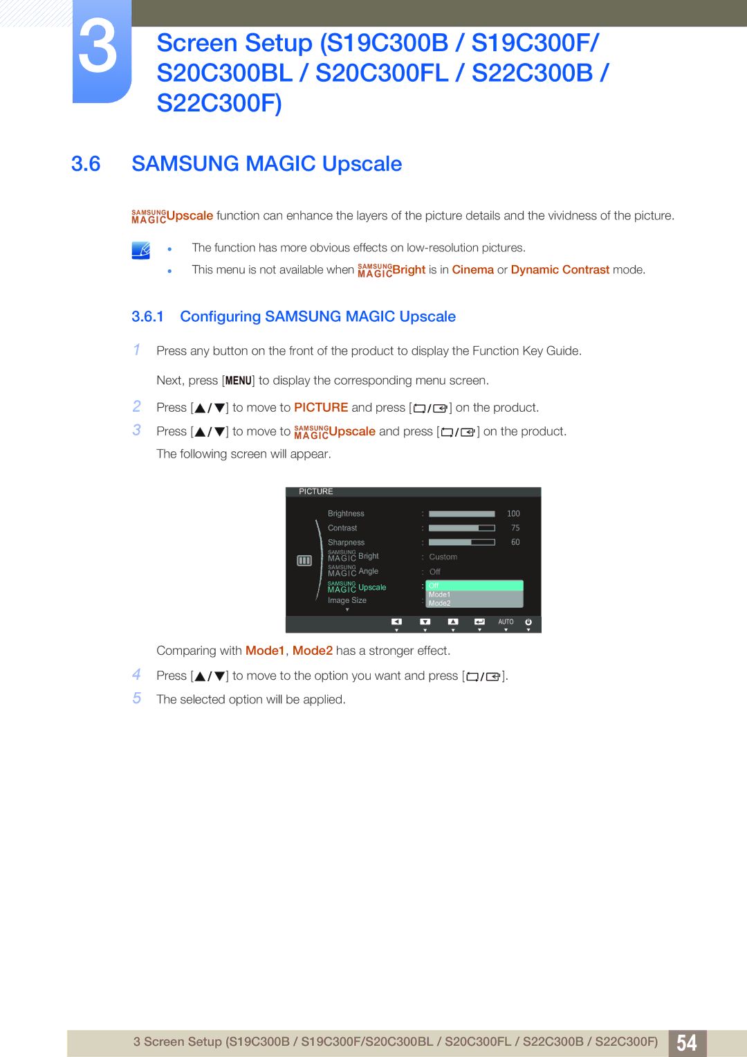 Samsung S24C300HL, S22C300H user manual Configuring Samsung Magic Upscale 