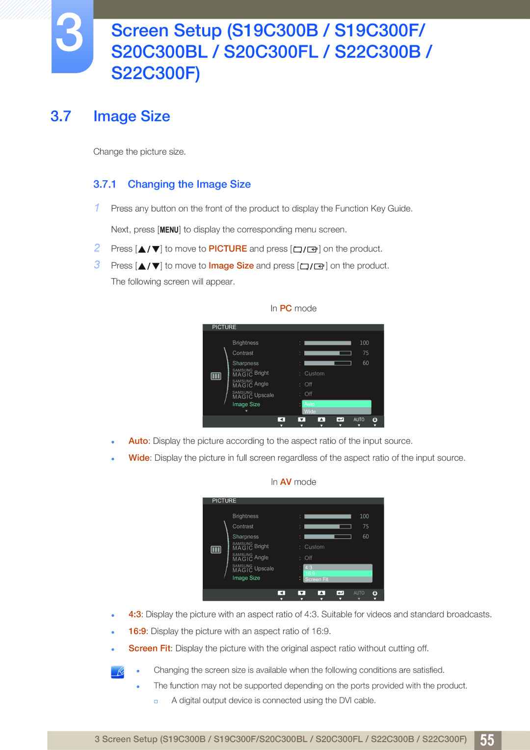 Samsung S22C300H, S24C300HL user manual Changing the Image Size 