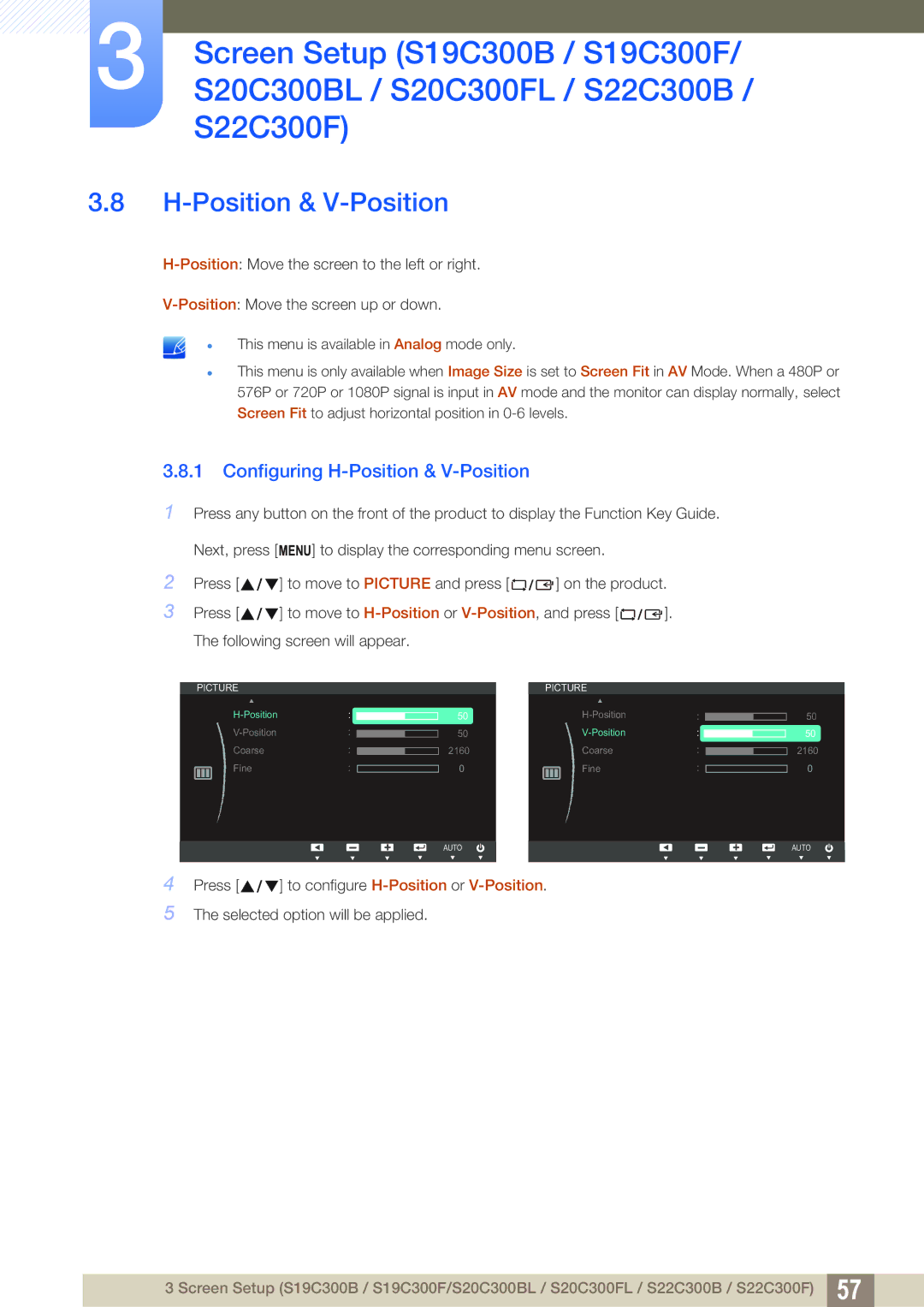 Samsung S22C300H, S24C300HL user manual Configuring H-Position & V-Position 