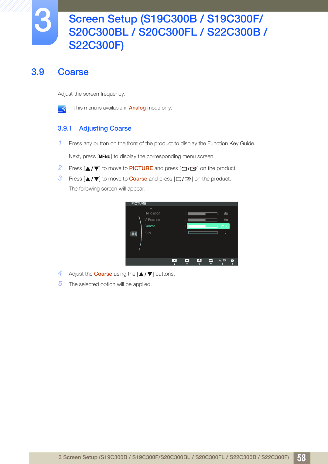 Samsung S24C300HL, S22C300H user manual Adjusting Coarse 