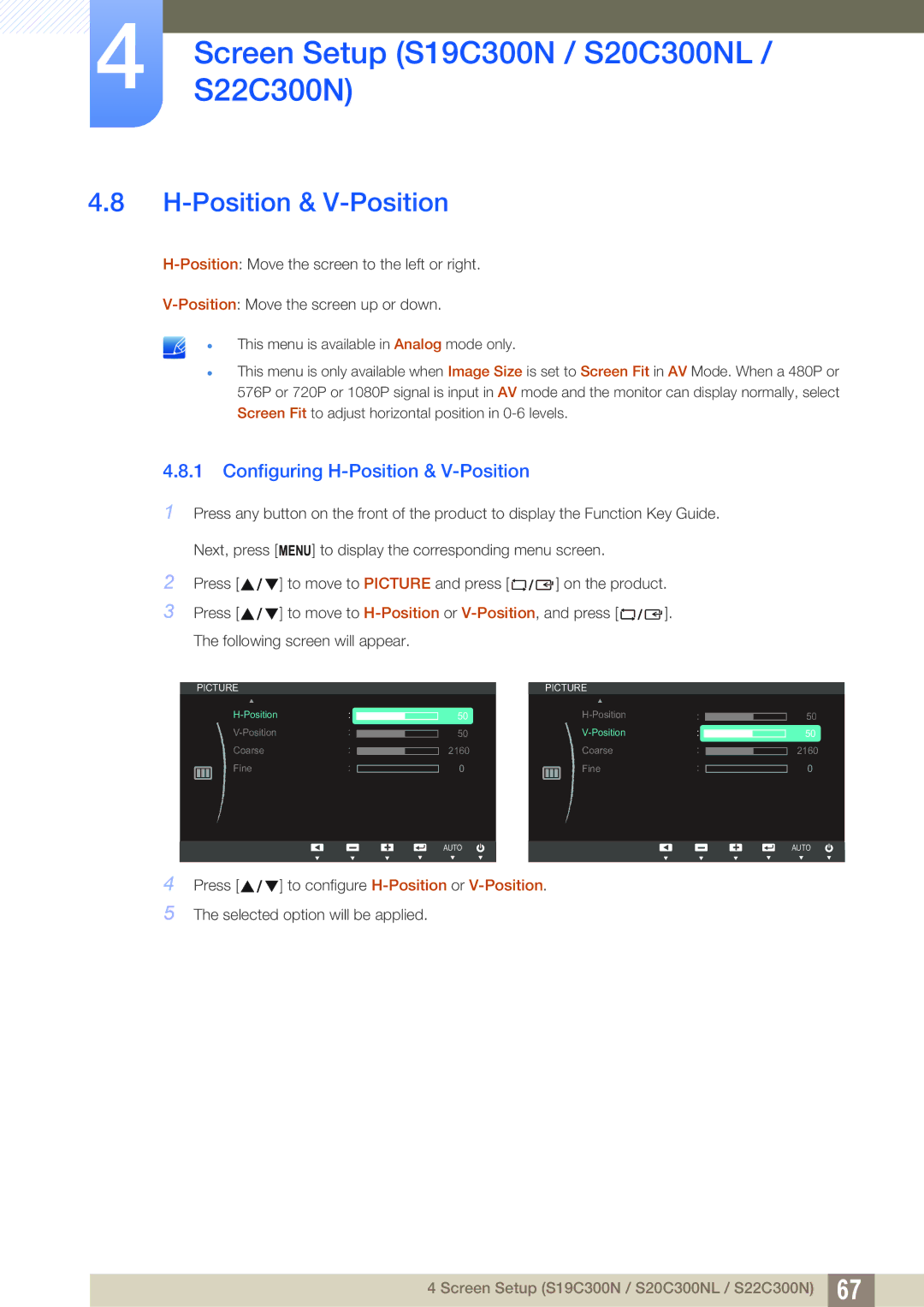 Samsung S22C300H, S24C300HL user manual Position & V-Position 