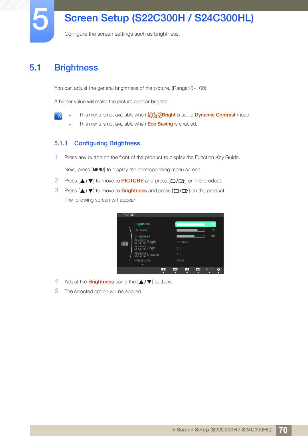 Samsung user manual Screen Setup S22C300H / S24C300HL, Brightness 