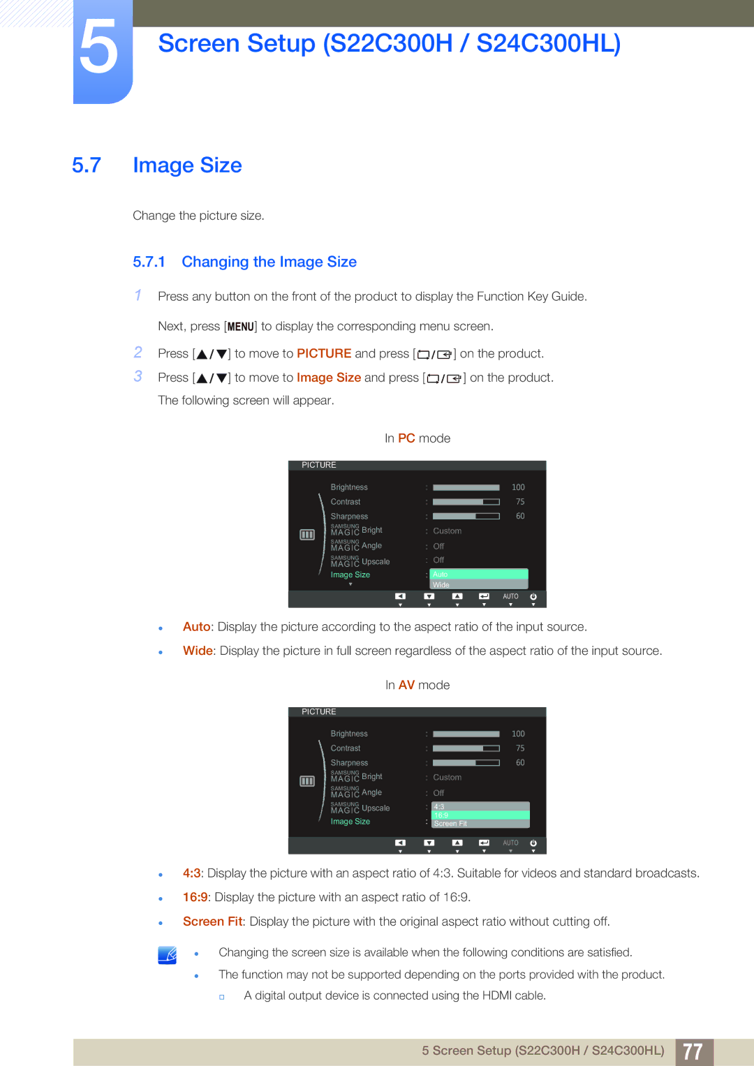 Samsung S22C300H, S24C300HL user manual Image Size 