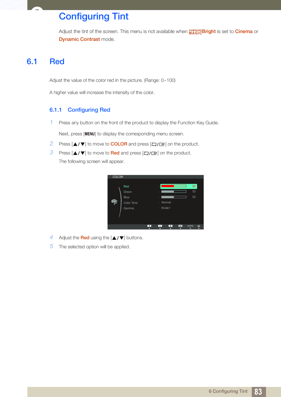 Samsung S22C300H, S24C300HL user manual Configuring Tint, Configuring Red 