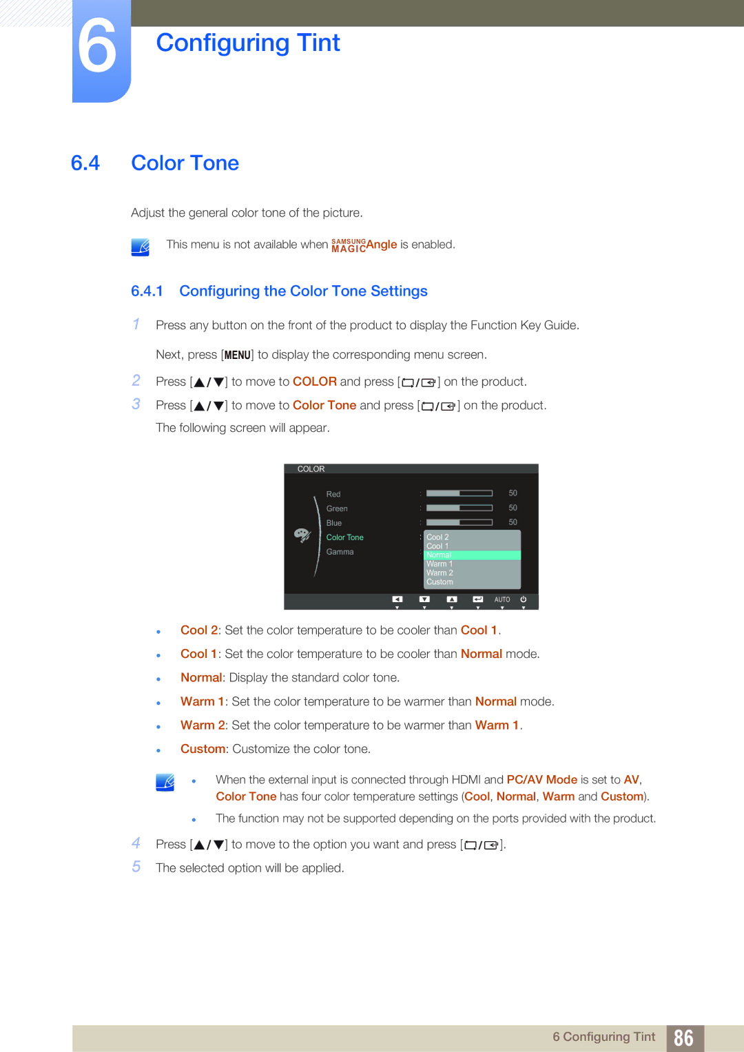 Samsung S24C300HL, S22C300H user manual Configuring the Color Tone Settings 