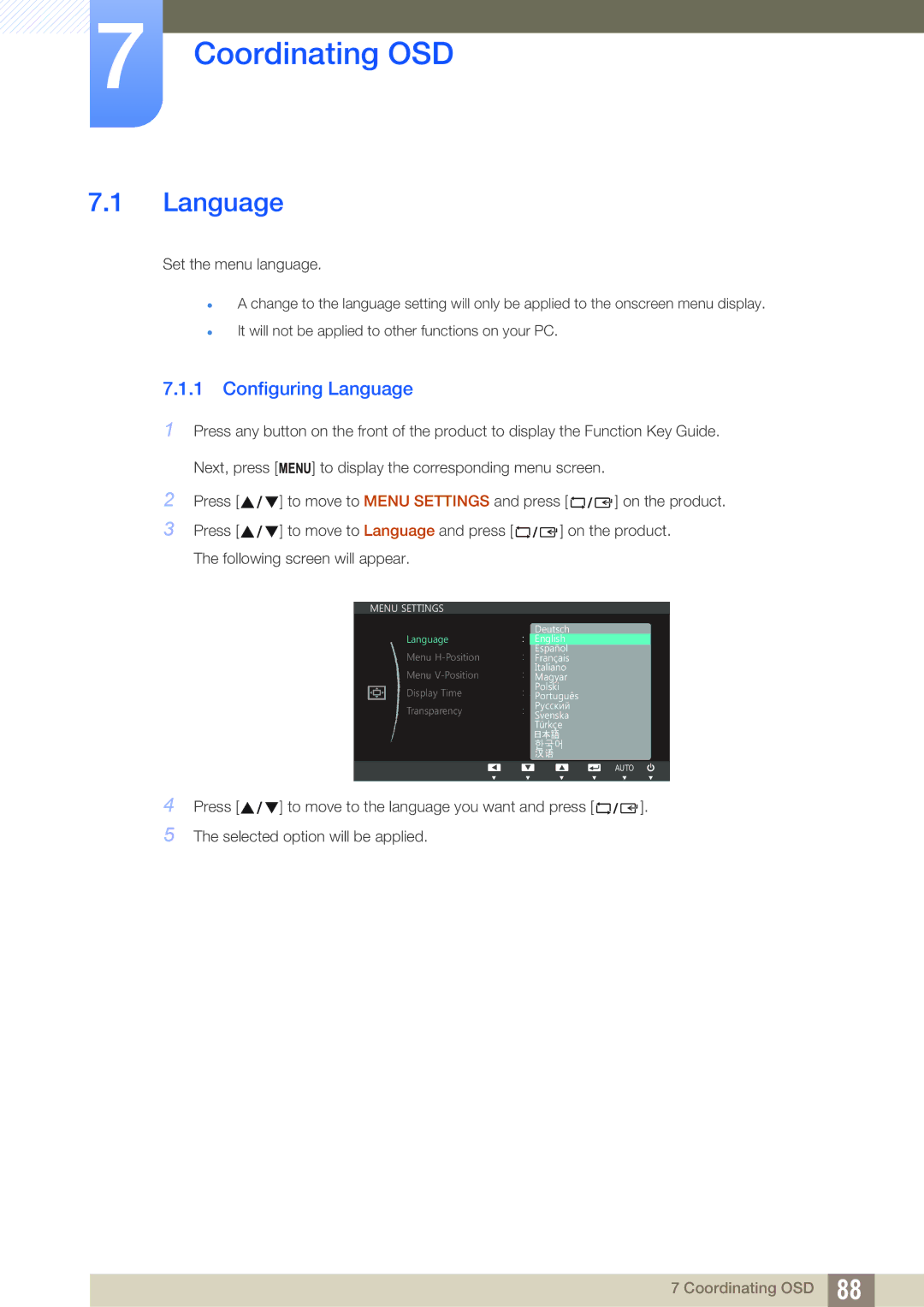 Samsung S24C300HL, S22C300H user manual Coordinating OSD, Configuring Language 