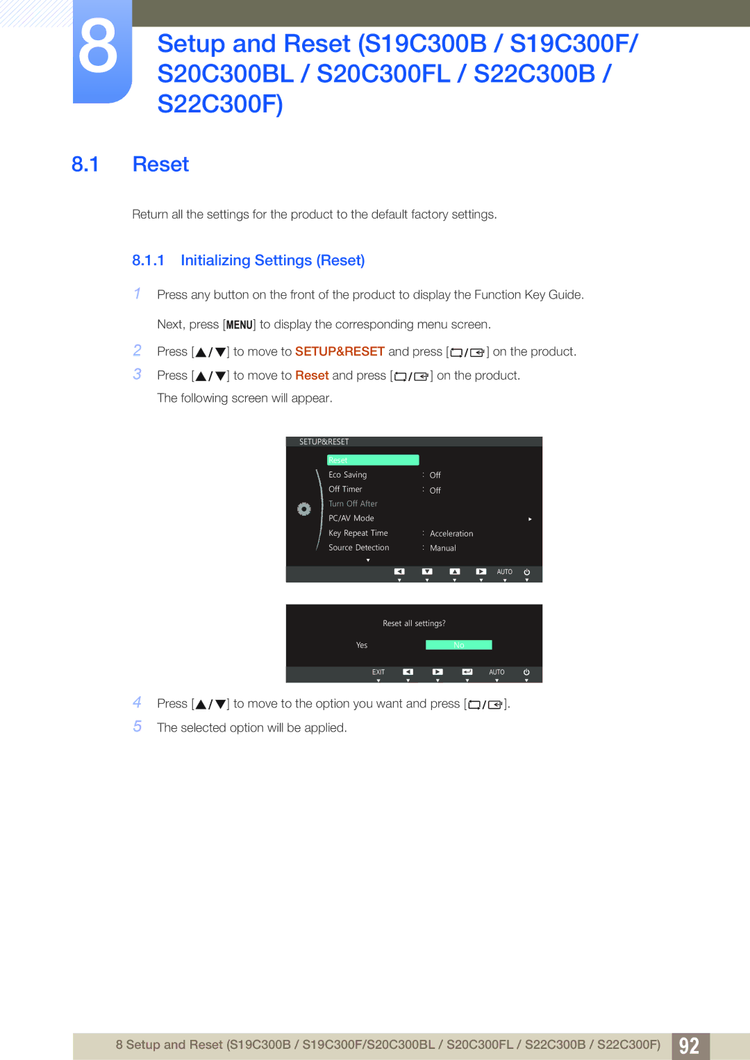 Samsung S24C300HL, S22C300H user manual Initializing Settings Reset 