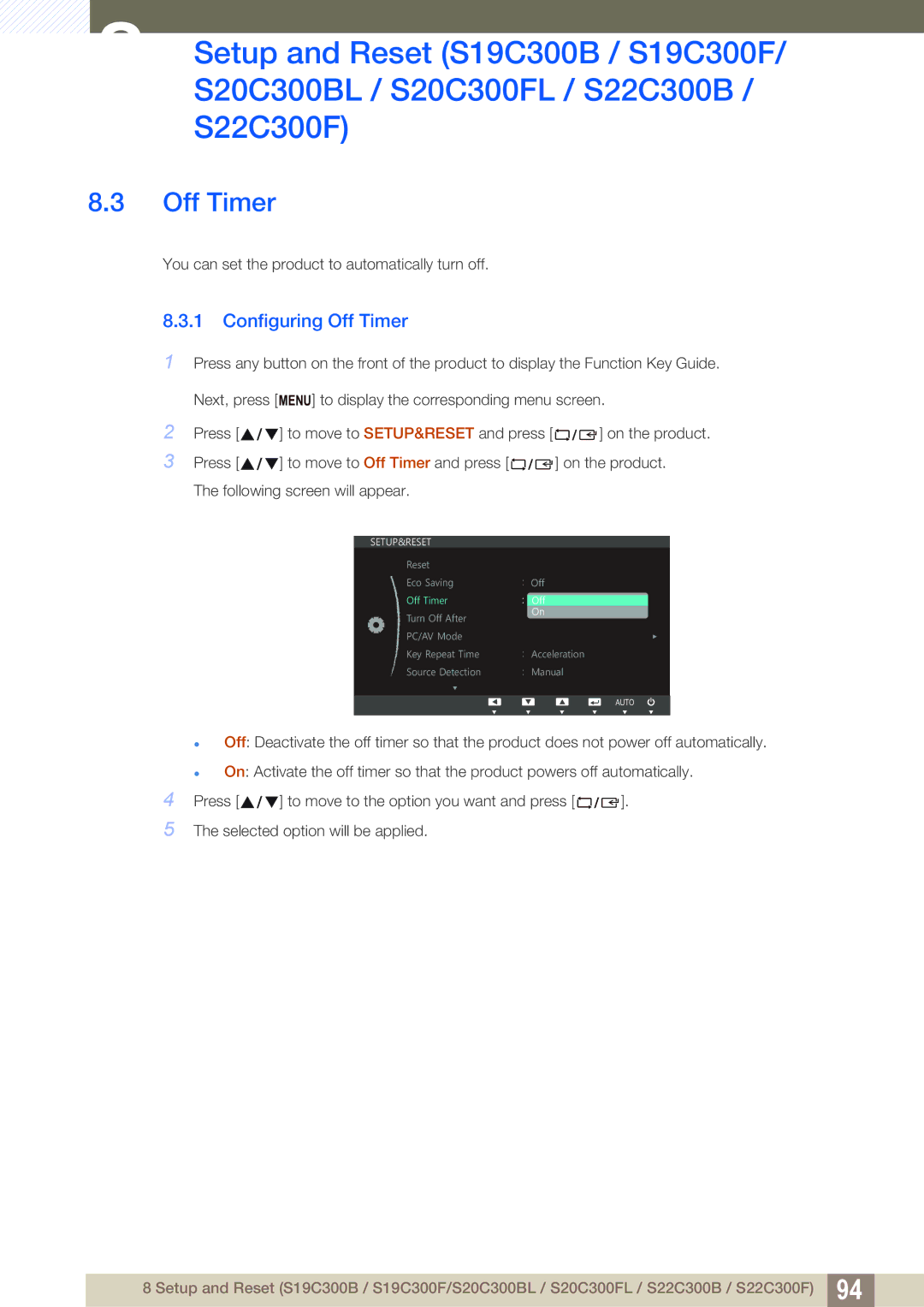 Samsung S24C300HL, S22C300H user manual Configuring Off Timer 