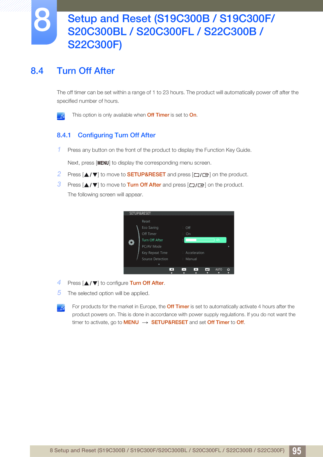 Samsung S22C300H, S24C300HL user manual Configuring Turn Off After 