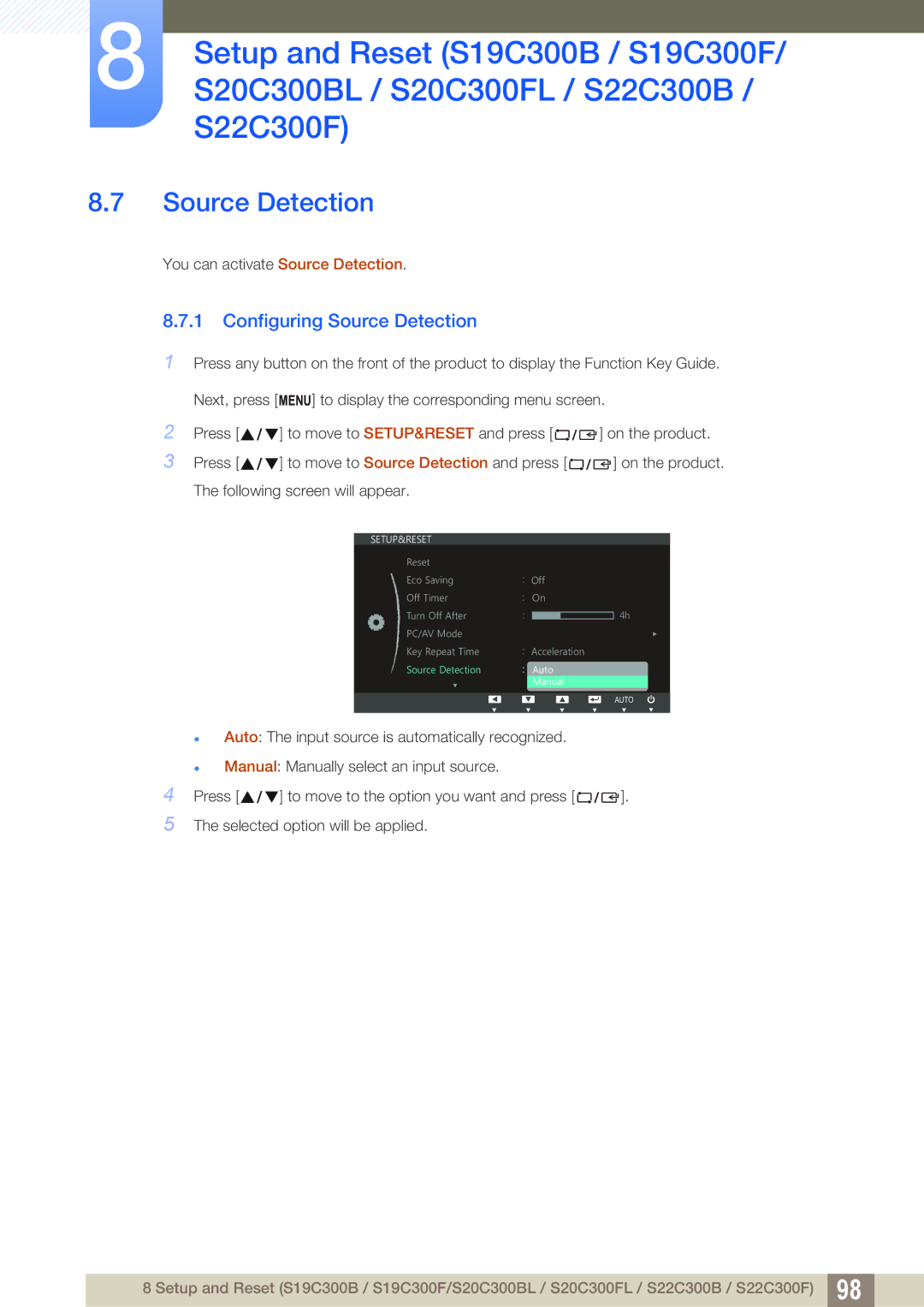 Samsung S24C300HL, S22C300H user manual Configuring Source Detection 